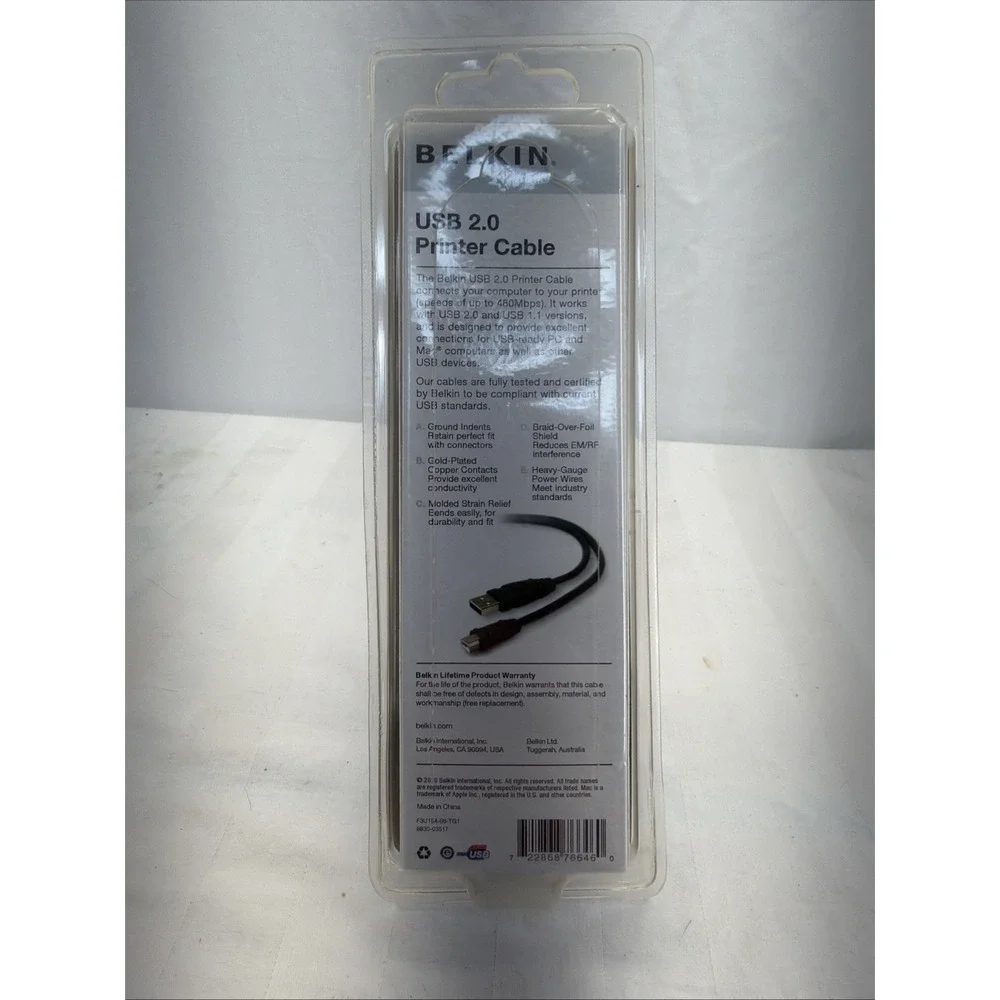 Belkin USB 2.0 Printer Cable Computer To Printer 6 Feet for PC or MAC New Sealed